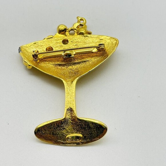 JJ Signed Champagne Glass and Bubbles Brooch Gold Tone Aurora Borealis Beads - Picture 5 of 7